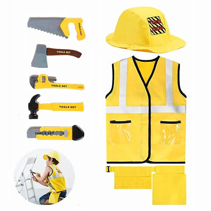 Construction Worker Dress-Up Set for Kids Ages 3-6, Builder Costume with Vest, Hat and Pretend Tools for Career Day and Birthday Play