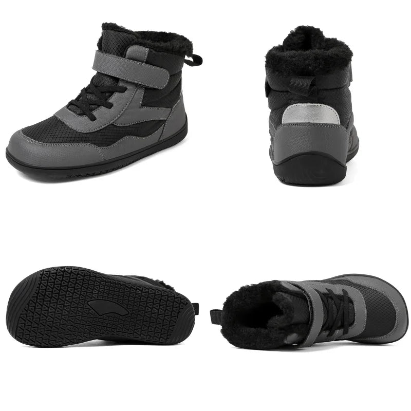 Wide Toe Winter Boots for Kids, Barefoot-Style High-Top Shoes with Cozy Lined Styling and Strap Options for Boys and Girls Cold-Weather Outfits
