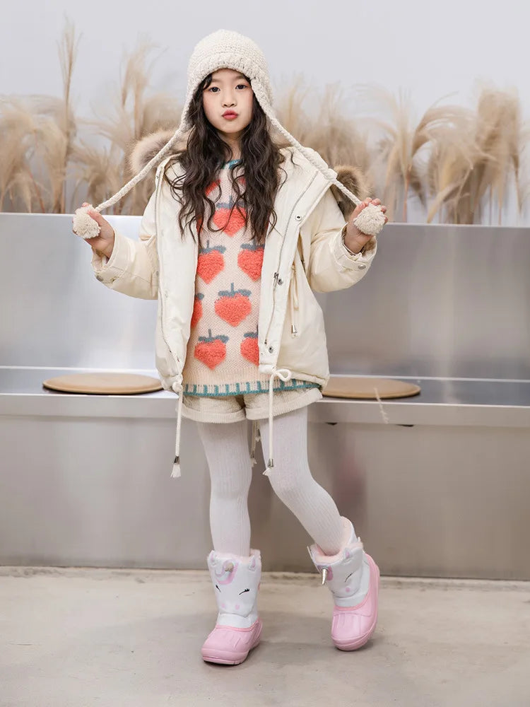 Kids Unicorn Winter Boots with Plush Trim, Gold-Tone Horn and Ear Details, Pink and White Fantasy-Themed Cold-Weather Footwear for Girls