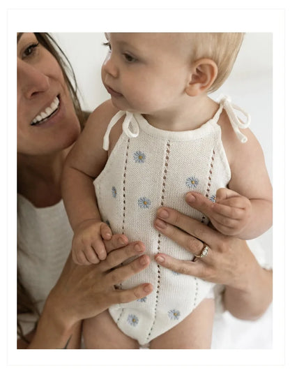 Sleeveless Baby Girl Bodysuit with Floral Cotton Knit and Tie Shoulders, White Openwork Summer One-Piece Outfit for Family Photos, 0-24M