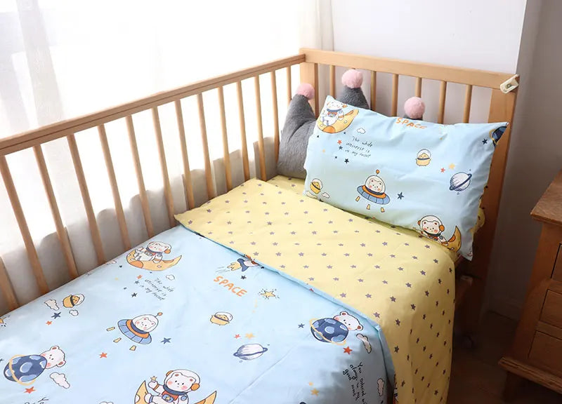 Cotton Toddler Bedding Set, 3-Piece Printed Duvet Cover and Pillowcase with Flat Sheet or Mattress Cover, Kids Room Bed Linens