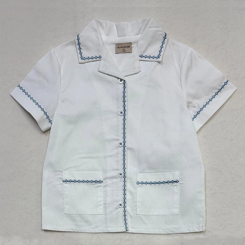 Matching Sibling Clothes with Classic Blue Trim, Shirts, Shorts, Overalls, Dresses and Cardigan Options for Baby Boys, Girls and Kids