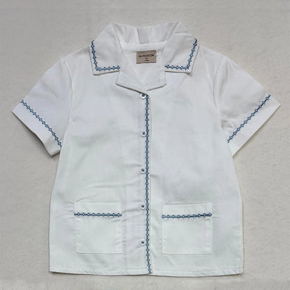 Matching Sibling Clothes with Classic Blue Trim, Shirts, Shorts, Overalls, Dresses and Cardigan Options for Baby Boys, Girls and Kids