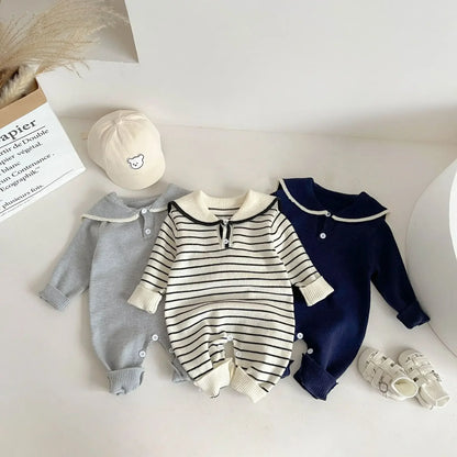 Sailor Collar Baby Knit Romper with Long Sleeves and Button Fastenings, Footless One-Piece Outfit in Gray, Stripe or Dark Blue, Sizes 66-100