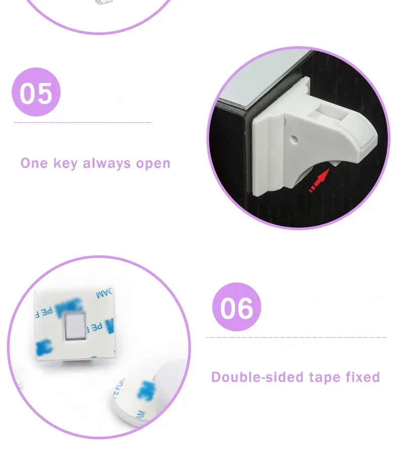 Magnetic Cabinet Safety Locks with Hidden Interior Latches and No-Drill Adhesive Installation for Compatible Drawers and Cupboard Doors