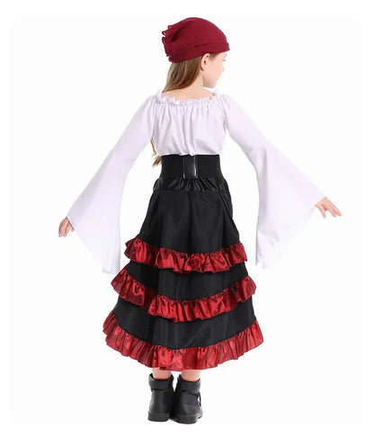 Girls Pirate Costume Set with Bell Sleeve Blouse, High-Low Skirt, Head Scarf and Lace-Up Waistband for Halloween and Dress-Up Parties