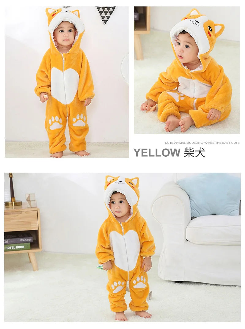 Animal Kigurumi Costume for Babies and Toddlers, Hooded Flannel Jumpsuit with Long Sleeves for Halloween Dress-Up and Family Photos