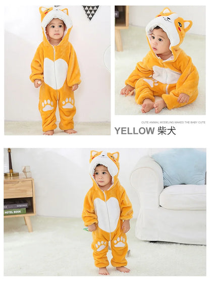 Animal Kigurumi Costume for Babies and Toddlers, Hooded Flannel Jumpsuit with Long Sleeves for Halloween Dress-Up and Family Photos
