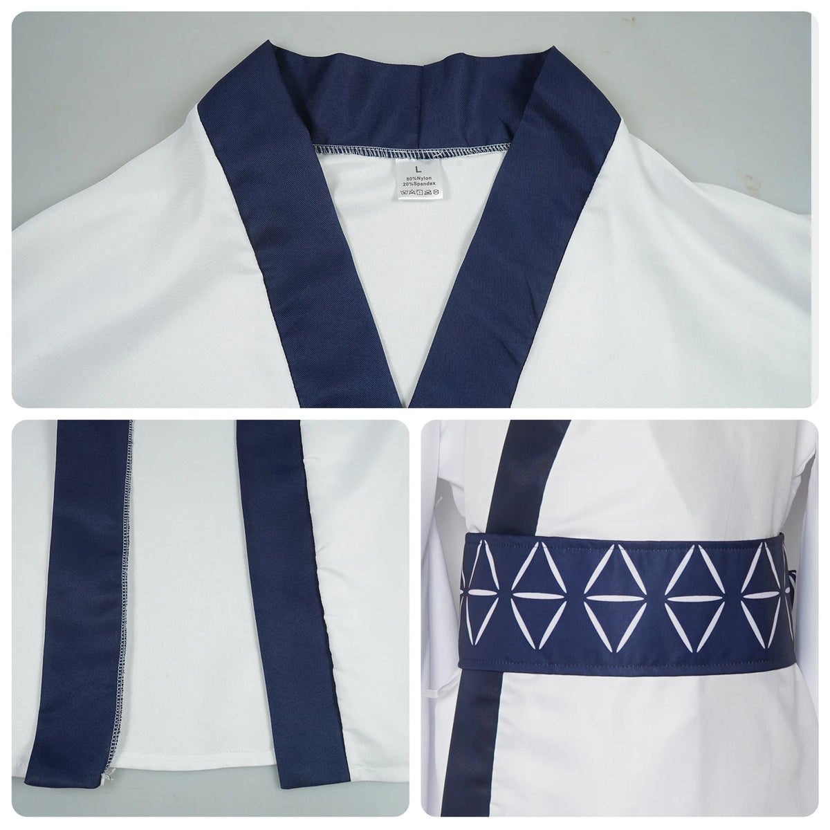 Ryomen Sukuna Cosplay Costume for Adults, White Kimono-Style Robe with Dark Trim, Neckwear and Patterned Waist Belt for Halloween and Anime Events