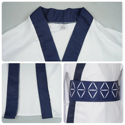 Ryomen Sukuna Cosplay Costume for Adults, White Kimono-Style Robe with Dark Trim, Neckwear and Patterned Waist Belt for Halloween and Anime Events