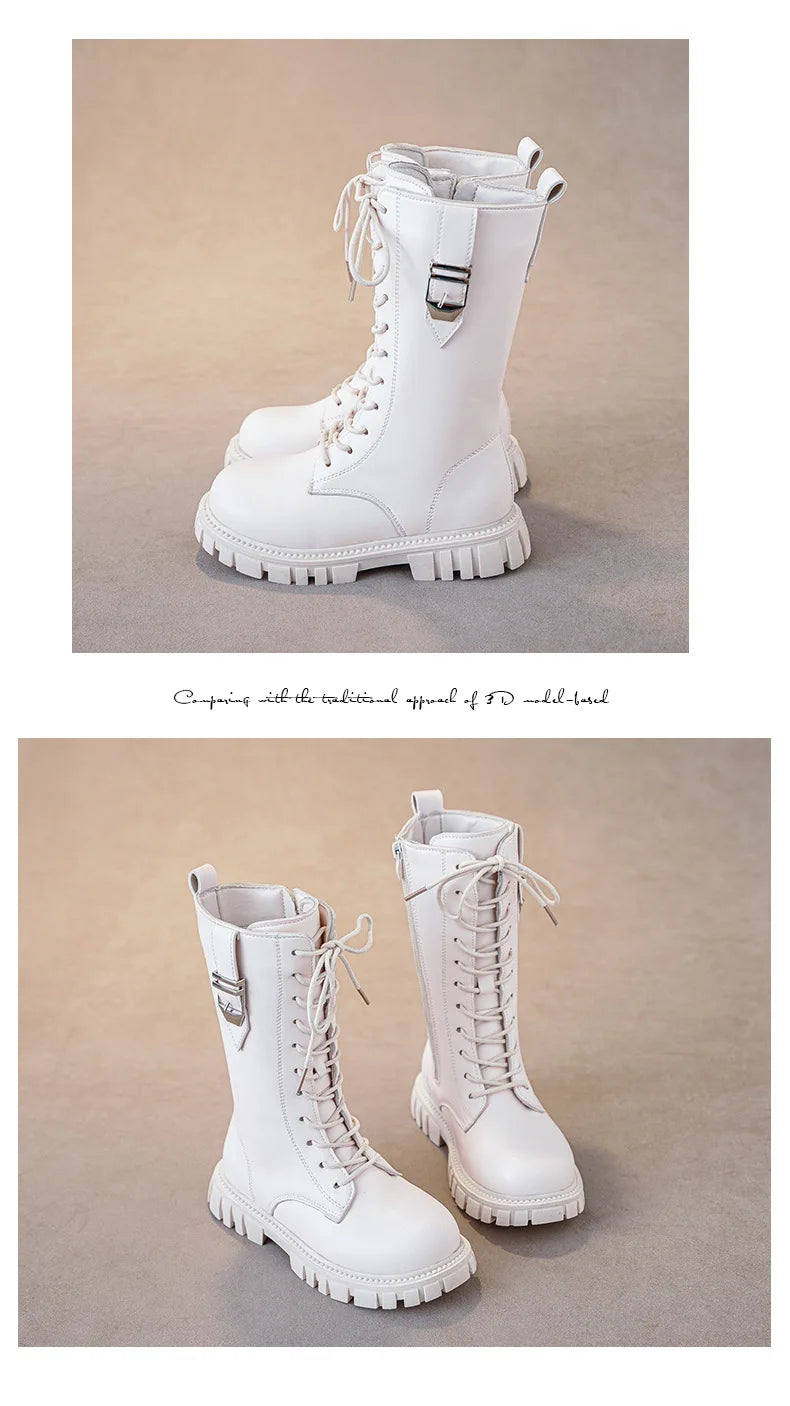 Girls Buckle Detail Tall Boots with Lace-Up Front and Side Zippers, Chunky Lug-Style Soles and Round Toes for Casual Fall Outfits
