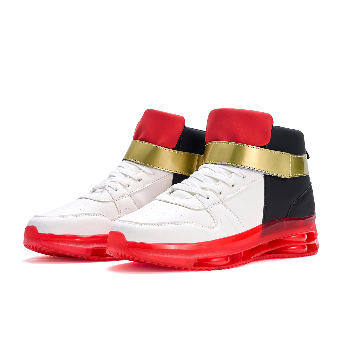 Shadow-Inspired High-Top Sneakers with Red Soles, White and Black Panels and Gold Strap Detail for Kids, Teens and Adult Casual Outfits