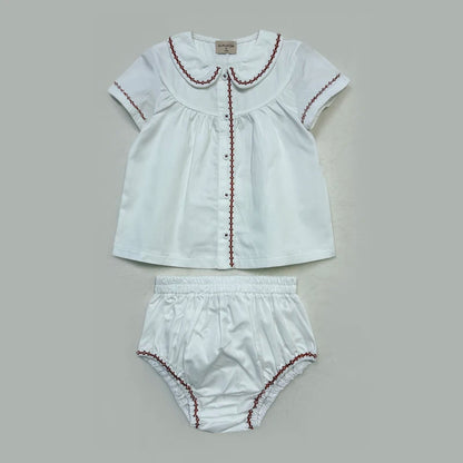 Matching Sibling Clothes with Classic Blue Trim, Shirts, Shorts, Overalls, Dresses and Cardigan Options for Baby Boys, Girls and Kids