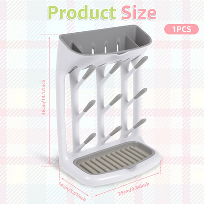 Angled-Holder Baby Bottle Drying Rack with Top Accessory Storage and Detachable Drain Tray, ABS and PP Countertop Feeding Organizer
