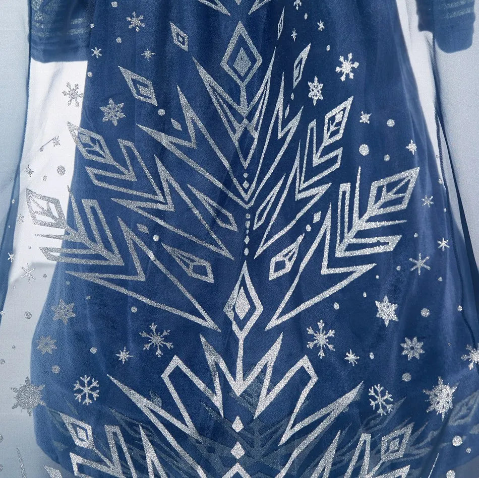 Girls Ice Princess Costume Dress with Long Sleeves, Fluffy Collar and Snowflake Cape, Blue Snow Queen Outfit for Birthdays and Halloween