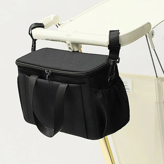 Hanging Diaper Organizer Bag with Stroller Attachment Straps, Zippered Top, Carry Handles and Bottle Storage for Parents, Black or Gray