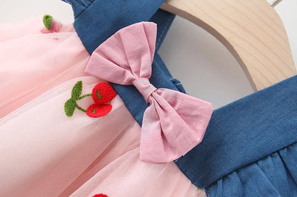 Baby Girl Cherry Dress, Pink or White Layered Skirt with Blue Ruffle Shoulder Straps and Front Bow for Summer Parties and Birthday Photos