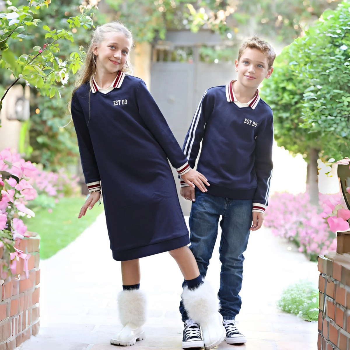 Navy Collared Kids Matching Outfits with Striped Trim, Boys Sweatshirt, Girls Dress and Skirt Set Options for Sibling Photos and Fall