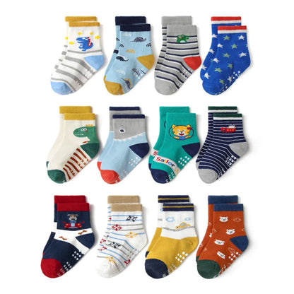 Cotton-Rich Baby Non-Slip Socks 12-Pair Pack, Crew Grip Socks with Ribbed Cuffs and Stretch Fit for Infant and Toddler Boys and Girls