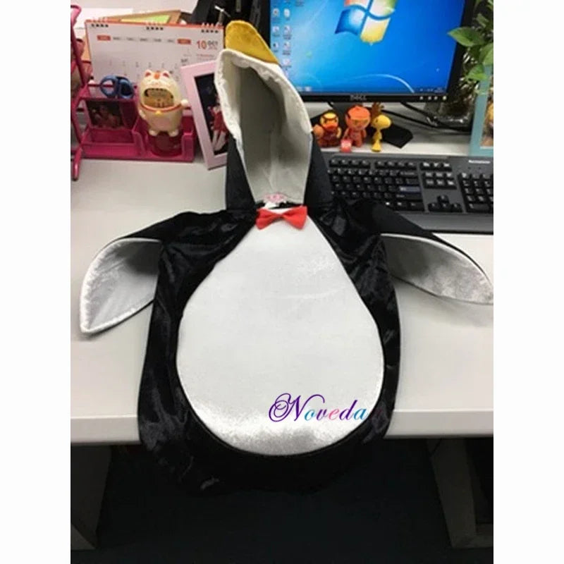 Kids Penguin Costume with Hooded Black-and-White Outfit, Wing-Style Sleeves and Red Bow Detail for Halloween, Birthdays and Animal Dress-Up