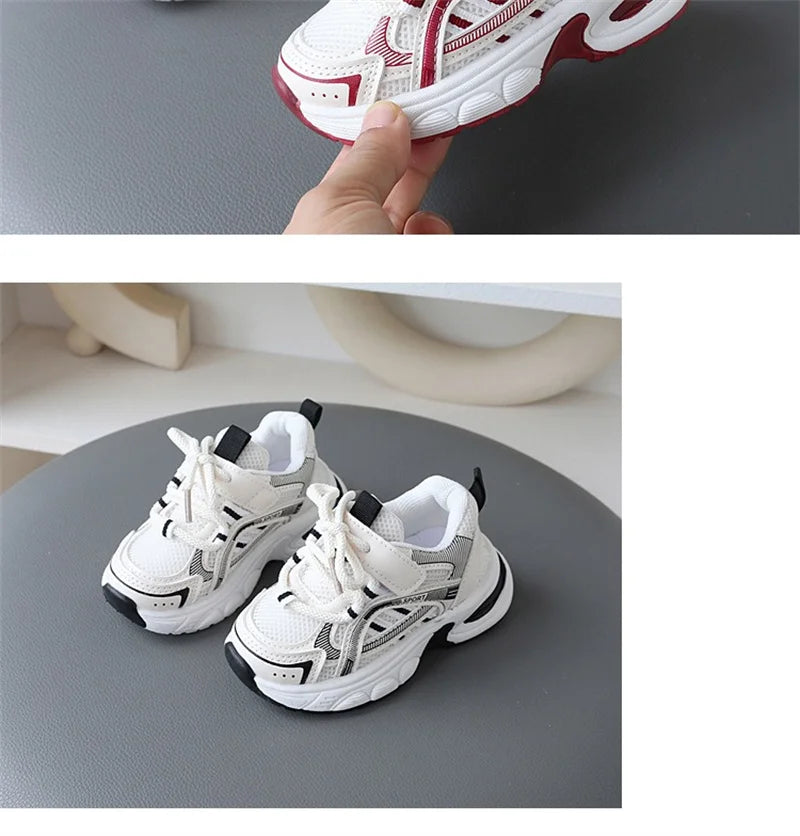 Children Mesh Sports Sneakers with Layered Panels, Lace and Strap Styling for Boys and Girls, Casual Spring and Fall Shoes in Red, Khaki or Black