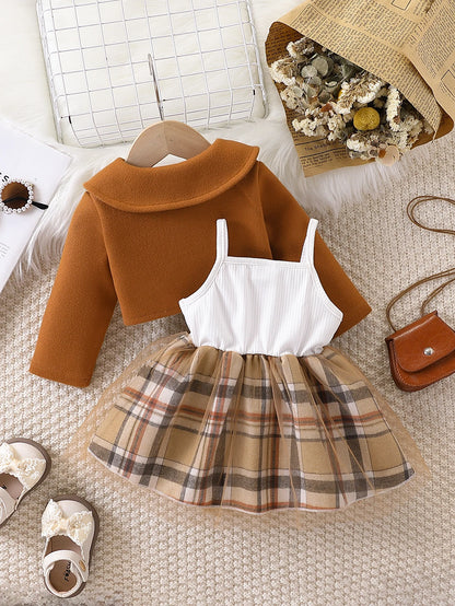 Infant Girl Plaid Tulle Dress Set with Bow Waist and Cropped Peter Pan Collar Jacket, Two-Piece Khaki Outfit for Family Photos, 0-24 Months