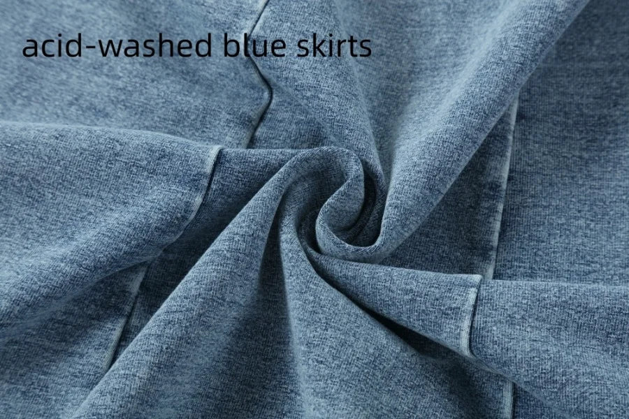 Denim Panel Pleated Skirt for Girls, Teens and Women, Washed Blue and Gray Cotton Styles with Black Jersey Option for Everyday Casual Outfits