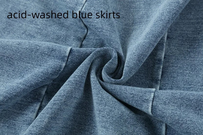 Denim Panel Pleated Skirt for Girls, Teens and Women, Washed Blue and Gray Cotton Styles with Black Jersey Option for Everyday Casual Outfits