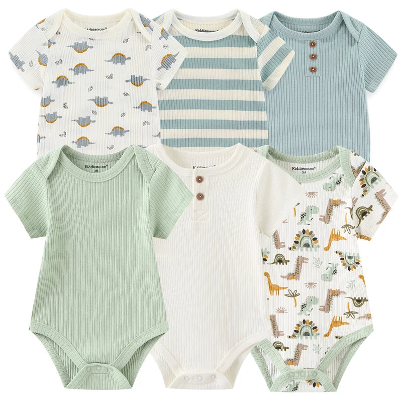Baby Cotton Bodysuit Set, 6-Piece Short Sleeve Outfits with Envelope Shoulders and Snap Crotch for Boys and Girls, Sizes 3M-12M