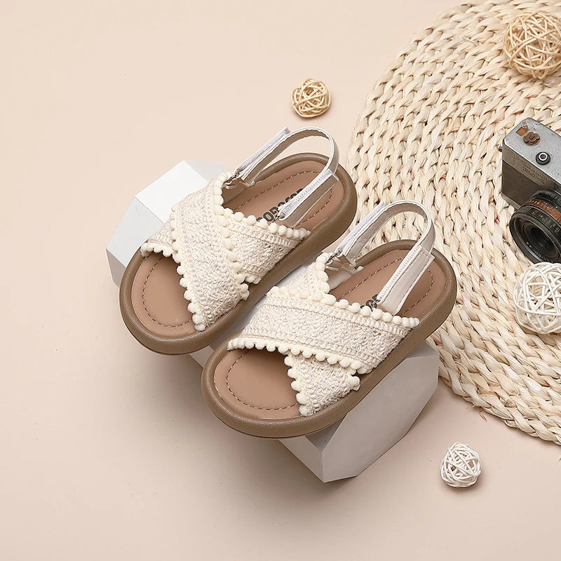 Girls Cross Strap Sandals with Textured Trim and Open Toe Design, Brown or Beige Retro Summer Shoes for Casual Outfits and Vacation Photos