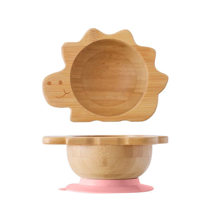 Bamboo Baby Suction Bowl and Tableware Options, Sun, Cloud and Dinosaur Designs with Single-Piece or 3-Piece Wooden-Handle Utensil Sets