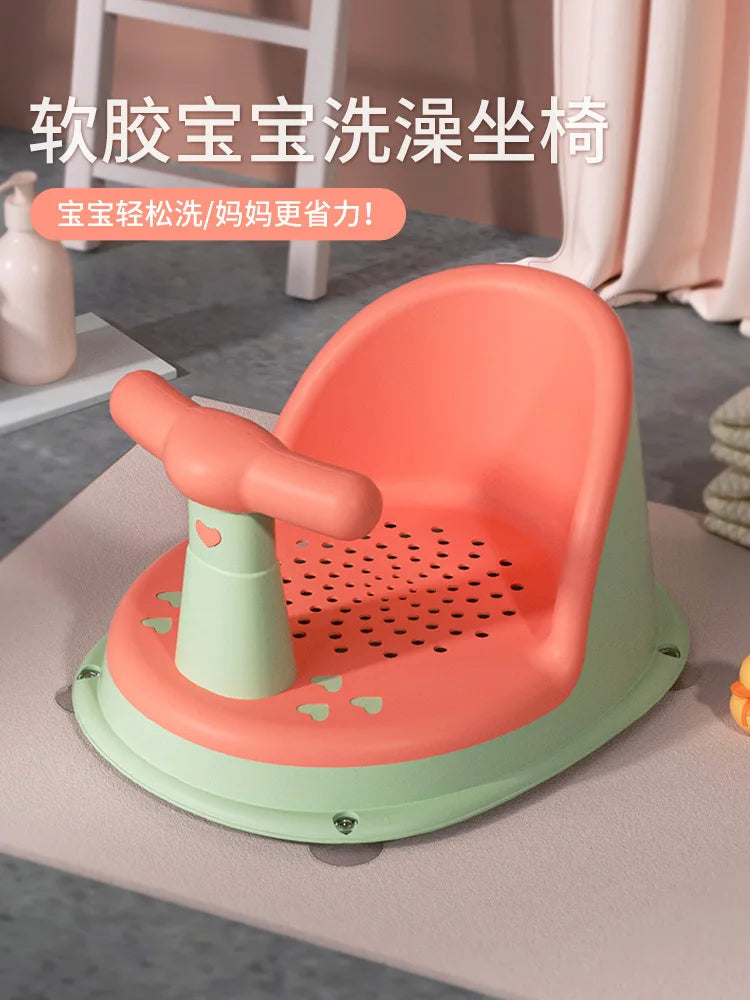 Drainage-Hole Baby Bath Seat with Suction-Cup Base, Removable Front Armrest and High Backrest in Multiple Colors for Closely Supervised Bathing