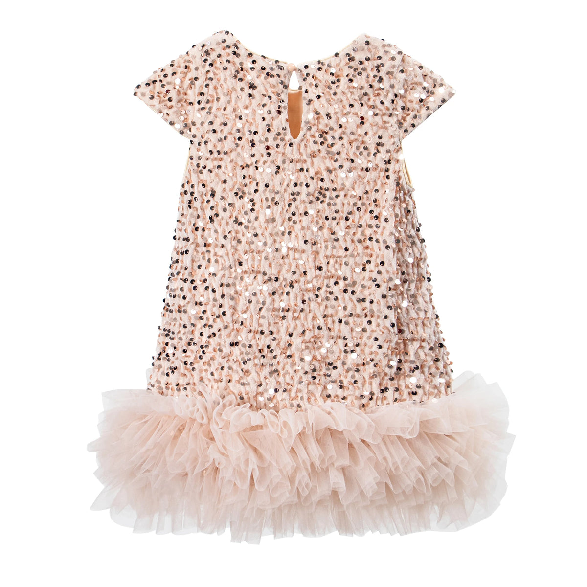 Girls Sequin Party Dress, Short Sleeve Sparkle Dress with Fluffy Mesh Ruffle Hem and Cotton Blend Lining for Birthdays and Holiday Photos, 2T-6T