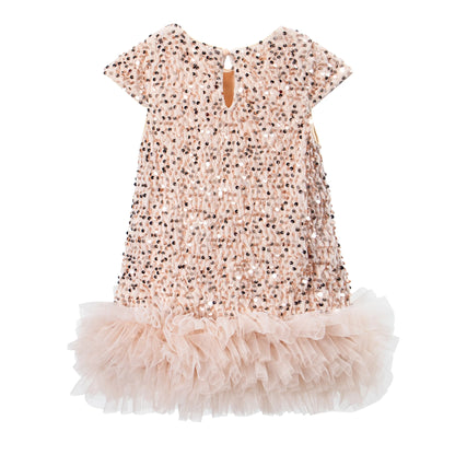Girls Sequin Party Dress, Short Sleeve Sparkle Dress with Fluffy Mesh Ruffle Hem and Cotton Blend Lining for Birthdays and Holiday Photos, 2T-6T