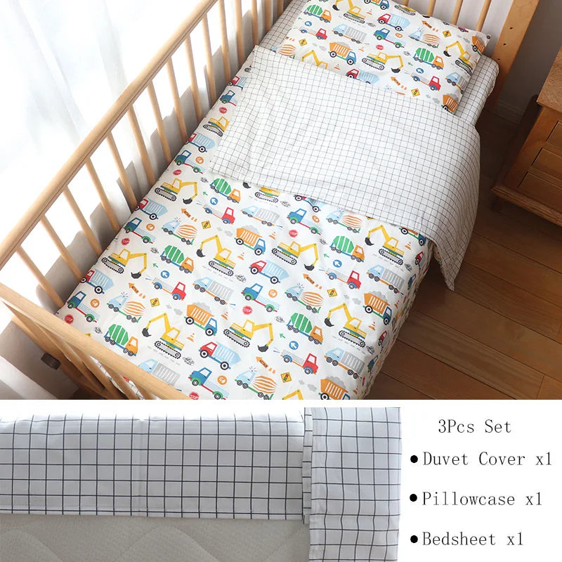 Cotton Toddler Bedding Set, 3-Piece Printed Duvet Cover and Pillowcase with Flat Sheet or Mattress Cover, Kids Room Bed Linens