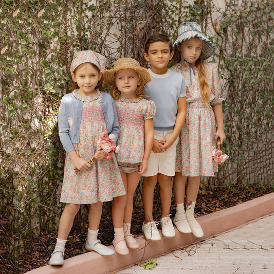 Floral Smocked Kids Outfits with Girls Cotton Dress and Baby Set Options, Blue Lyocell Knitwear and White Separates for Sibling Family Photos