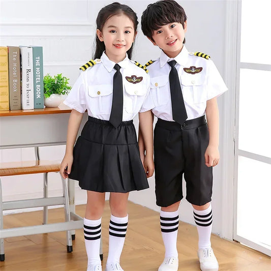 Kids Pilot Costume for Boys and Girls, Airline Captain Uniform-Style Outfit with Short Sleeve Shirt Styling for Career Day and Halloween