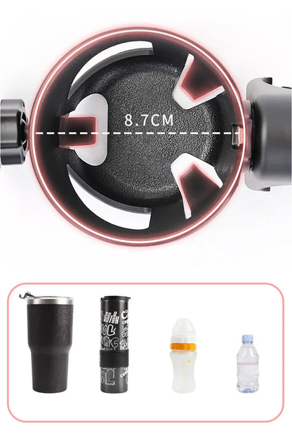 Stroller Drink and Phone Holder with Handlebar Clamp, Black Cup and Bottle Organizer with Separate Phone Cradle for Parent Walks and Family Outings