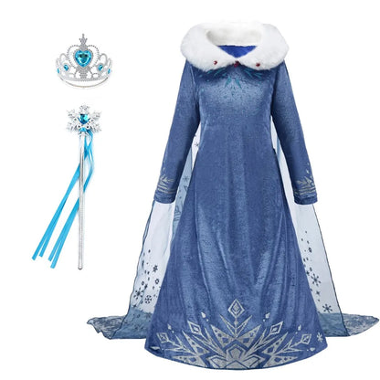 Girls Ice Princess Costume Dress with Long Sleeves, Fluffy Collar and Snowflake Cape, Blue Snow Queen Outfit for Birthdays and Halloween