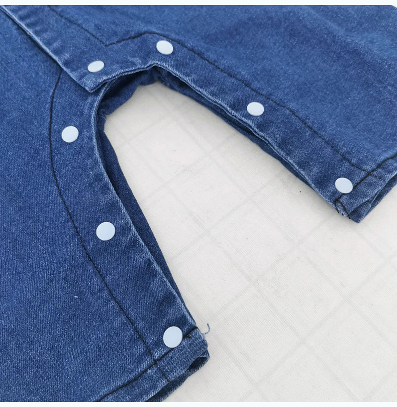 Collared Baby Denim Romper by IENENS with Chest Pockets and Snap Fastenings, Blue Long Sleeve One-Piece Outfit for Boys and Girls in 0-18M Sizes