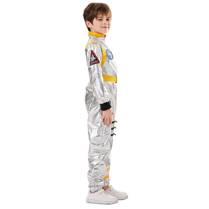Kids Astronaut Costume Jumpsuit, Silver Space Explorer Outfit for Halloween, Carnival, Cosplay and Imaginative Dress-Up, Sizes 120–150