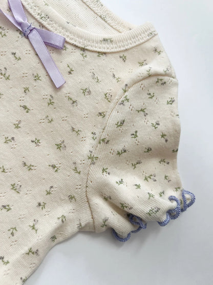 Cherry Print Girls Cotton Pajama Set, Cream Long Sleeve Top and Matching Pants with Red Picot Trim, Two-Piece Toddler Homewear, 1-6T