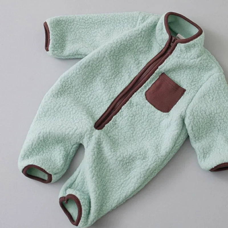 Zip Front Baby Fleece Romper by MILANCEL with Contrast Chest Pocket, Long Sleeve Footless One-Piece Outerwear in Brown, Beige and Green, 3-24M