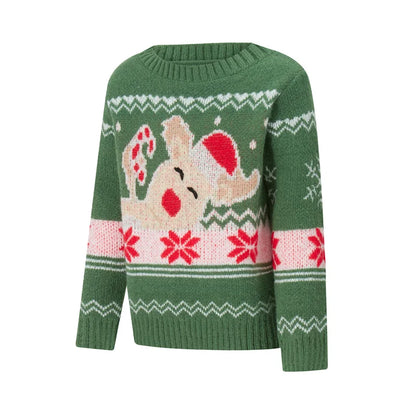Reindeer Family Christmas Sweaters in Red or Green, Matching Mom Dad and Kids Long Sleeve Crewneck Pullovers for Holiday Photos and Parties
