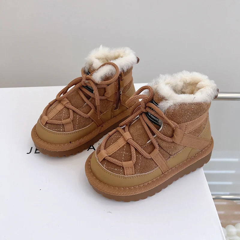 Plush-Lined Toddler Ankle Boots with Lace-Up Front and Side Zipper, Camel or Black Winter Shoes for Boys and Girls, Sizes 18-30