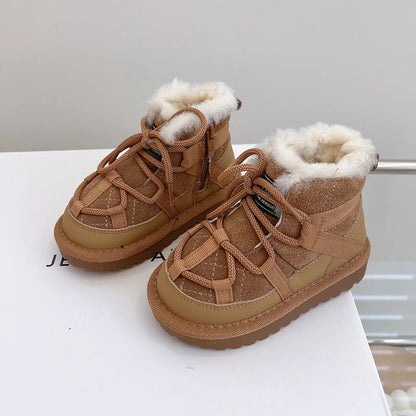 Plush-Lined Toddler Ankle Boots with Lace-Up Front and Side Zipper, Camel or Black Winter Shoes for Boys and Girls, Sizes 18-30