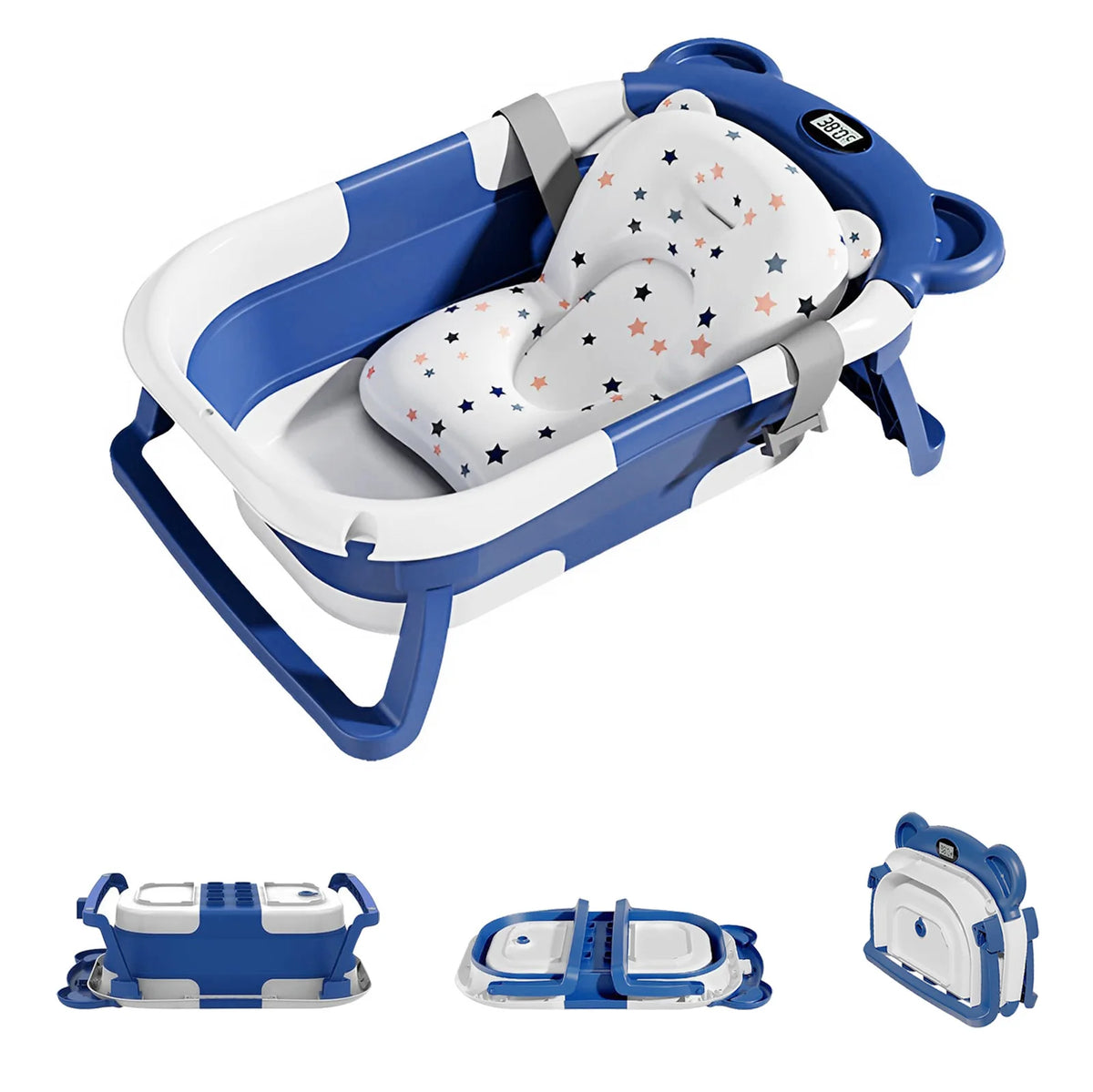Travel Baby Bathtub with Thermometer and Soft Floating Cushion, Collapsible PP and TPE Bath Tub with Drain Plug for Supervised Infant and Toddler Bathing
