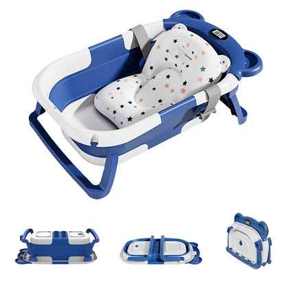 Travel Baby Bathtub with Thermometer and Soft Floating Cushion, Collapsible PP and TPE Bath Tub with Drain Plug for Supervised Infant and Toddler Bathing