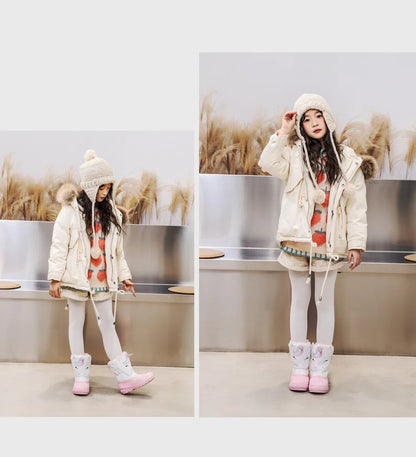 Kids Unicorn Winter Boots with Plush Trim, Gold-Tone Horn and Ear Details, Pink and White Fantasy-Themed Cold-Weather Footwear for Girls