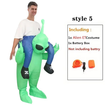 Alien Piggyback Inflatable Costume for Adults and Kids, Green Carrying Illusion Suit with Fan for Halloween, Cosplay and Stage Parties